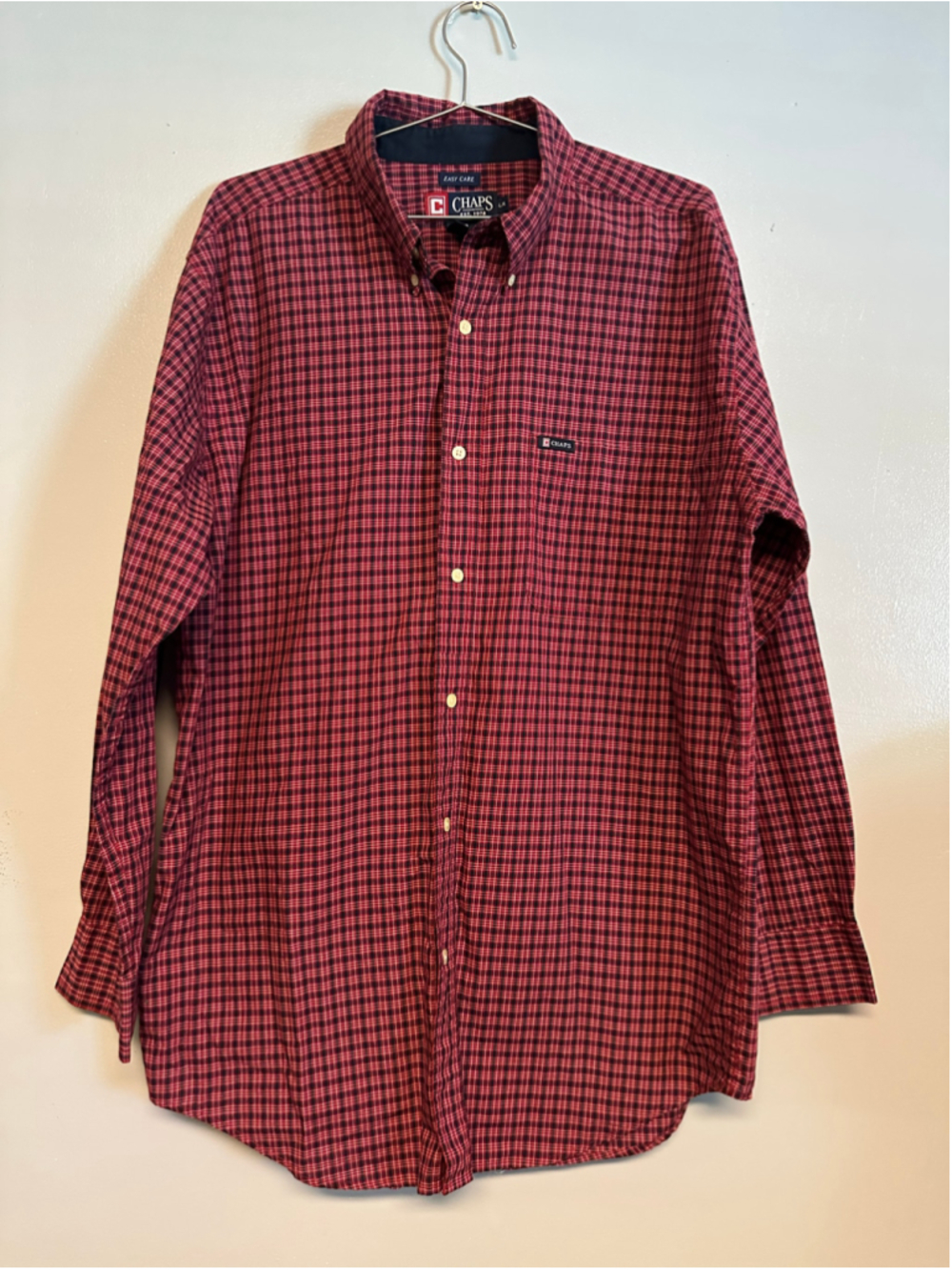 Chaps Casual Button Down Shirt, Size Large Red and Black Plaid